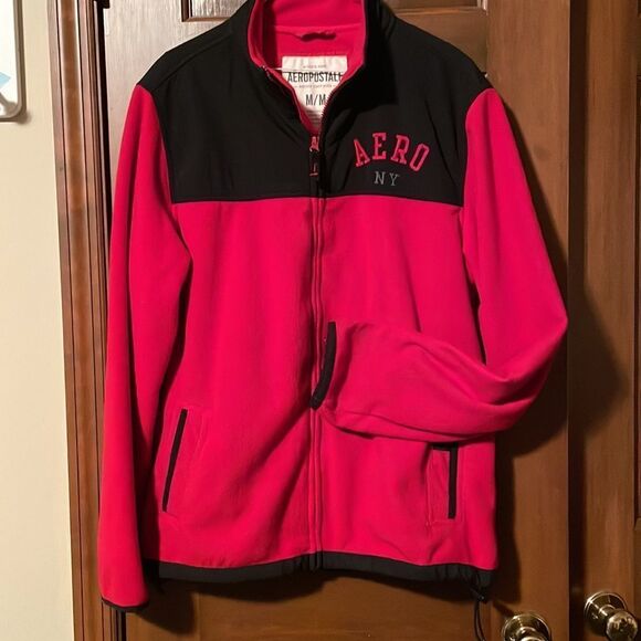 Aeropostale red fleece jacket with black trim size M/M, waterproof shoulders EUC - Picture 4 of 11